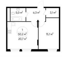 Планировка однокомнатной(квартира) площадью 50.2 квадратных метров в “ЖК Переделкино Ближнее”