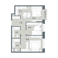 Планировка трехкомнатной(квартира) площадью 59.4 квадратных метров в “ЖК Станиславский”