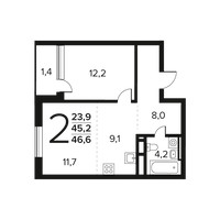 Планировка двухкомнатной(квартира) площадью 46.6 квадратных метров в “Новые Ватутинки. Заречный”