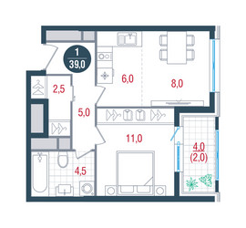 Планировка однокомнатной(квартира) площадью 39 квадратных метров в ЖК “ЖК РУСИЧ-Кантемировский”