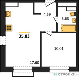 Планировка однокомнатной(квартира) площадью 35.83 квадратных метров в ЖК “ЖК Квартал Румянцево (МелиСад)”