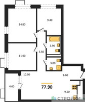 Планировка трехкомнатной(квартира) площадью 77.9 квадратных метров в “ЖК Скандинавия”