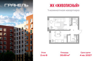 Планировка однокомнатной(квартира) площадью 35.69 квадратных метров в “ЖК Живописный”