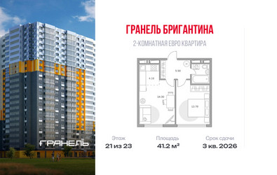 Планировка двухкомнатной(квартира) площадью 41.2 квадратных метров в ЖК “ЖК Бригантина”