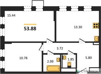 Планировка двухкомнатной(квартира) площадью 53.88 квадратных метров в ЖК “ЖК Пригород Лесное”
