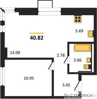 Планировка однокомнатной(квартира) площадью 40.82 квадратных метров в “ЖК Горки Парк”