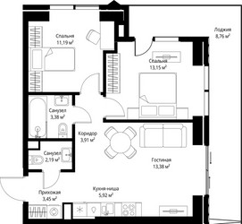 Планировка двухкомнатной(квартира) площадью 65.33 квадратных метров в ЖК “ЖК Джойс”