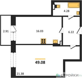 Планировка однокомнатной(квартира) площадью 49.08 квадратных метров в ЖК “Зеленый Оазис - Город”