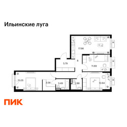 Планировка трехкомнатной(квартира) площадью 81.1 квадратных метров в ЖК “ЖК Ильинские луга”