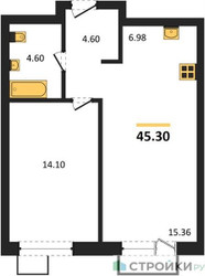 Планировка однокомнатной(квартира) площадью 45.3 квадратных метров в ЖК “ЖК UNO Соколиная гора”