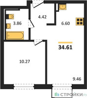 Планировка однокомнатной(квартира) площадью 34.61 квадратных метров в “ЖК Мытищи Парк”