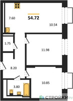 Планировка двухкомнатной(квартира) площадью 54.72 квадратных метров в “ЖК Квартал Строгино”
