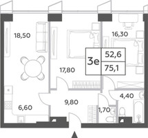 Планировка трехкомнатной(квартира) площадью 75.1 квадратных метров в “ЖК Will Towers (Вилл Тауэрс)”