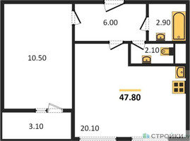 Планировка однокомнатной(квартира) площадью 47.8 квадратных метров в “ЖК Карамельный”