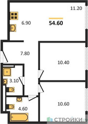 Планировка двухкомнатной(квартира) площадью 54.6 квадратных метров в ЖК “ЖК Верейская 41”