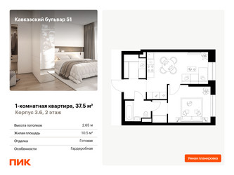 Планировка однокомнатной(квартира) площадью 37.5 квадратных метров в ЖК “ЖК Кавказский бульвар 51”