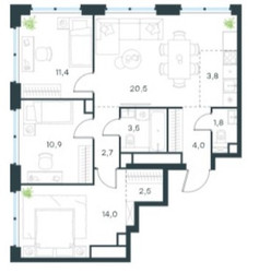 Планировка 4+ комнатной(квартира) площадью 75 квадратных метров в ЖК “ЖК Level Звенигородская”