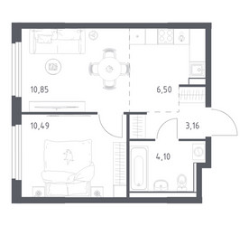 Планировка однокомнатной(квартира) площадью 35.1 квадратных метров в ЖК “ЖК Пригород Лесное”