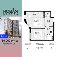 Планировка двухкомнатной(квартира) площадью 50.7 квадратных метров в “ЖК Новая Звезда (Газопровод)”