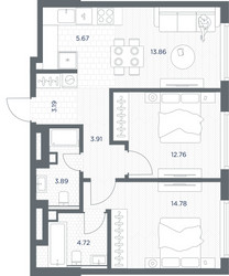 Планировка двухкомнатной(квартира) площадью 62.78 квадратных метров в ЖК “ЖК TATE (Тэйт)”