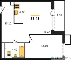 Планировка однокомнатной(квартира) площадью 53.43 квадратных метров в “ЖК Sky Sputnik (Скай Спутник)”