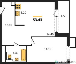 Планировка однокомнатной(квартира) площадью 53.43 квадратных метров в ЖК “ЖК Sky Sputnik (Скай Спутник)”