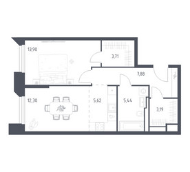 Планировка однокомнатной(апартаменты) площадью 52.04 квадратных метров в ЖК “ЖК Скай Спутник”