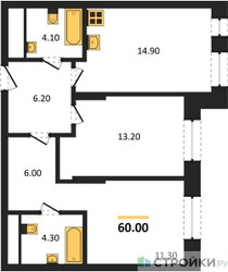 Планировка двухкомнатной(квартира) площадью 60 квадратных метров в ЖК “ЖК Первый Московский”