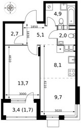 Планировка двухкомнатной(квартира) площадью 47.9 квадратных метров в ЖК “ЖК 1-й Саларьевский (Первый Саларьевский)”