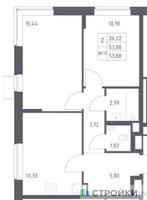 Планировка двухкомнатной(квартира) площадью 53.88 квадратных метров в “ЖК Подольские кварталы”
