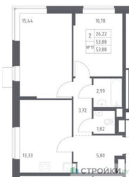 Планировка двухкомнатной(квартира) площадью 53.88 квадратных метров в ЖК “ЖК Подольские кварталы”