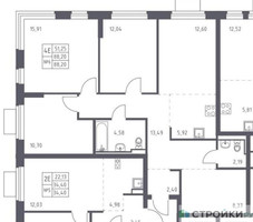 Планировка трехкомнатной(квартира) площадью 88.2 квадратных метров в “ЖК Новое Видное”
