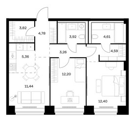Планировка двухкомнатной(квартира) площадью 66.38 квадратных метров в ЖК “ЖК НОВА”