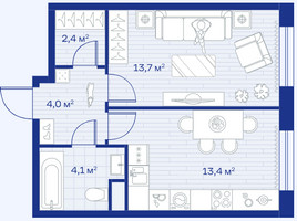 Планировка однокомнатной(квартира) площадью 37.6 квадратных метров в “ЖК Аристов берег”