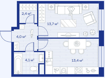 Планировка однокомнатной(квартира) площадью 37.6 квадратных метров в ЖК “ЖК Аристов берег”