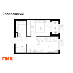 Планировка однокомнатной(квартира) площадью 34.8 квадратных метров в ЖК “ЖК Ярославский”