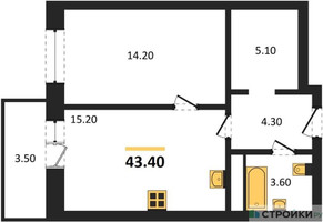 Планировка однокомнатной(квартира) площадью 43.2 квадратных метров в “ЖК Одинцовские кварталы”