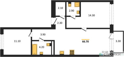 Планировка двухкомнатной(квартира) площадью 66.7 квадратных метров в ЖК “ЖК Дом А”