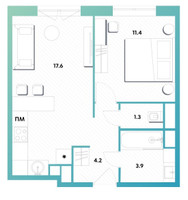 Планировка однокомнатной(квартира) площадью 38.4 квадратных метров в “ЖК Balance (Баланс)”