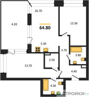 Планировка двухкомнатной(квартира) площадью 64.8 квадратных метров в “ЖК Portland (Портланд)”