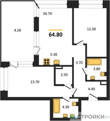 Планировка двухкомнатной(квартира) площадью 64.8 квадратных метров в ЖК “ЖК Portland (Портланд)”