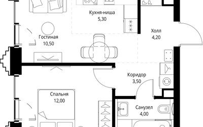 Планировка однокомнатной(квартира) площадью 39.5 квадратных метров в ЖК “ЖК SET (Сет)”