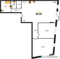 Планировка двухкомнатной(квартира) площадью 89 квадратных метров в ЖК “ЖК Эльйон”