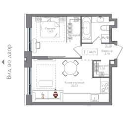 Планировка однокомнатной(квартира) площадью 44.71 квадратных метров в ЖК “ЖК Преображенская Площадь”