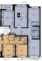 Планировка трехкомнатной(квартира) площадью 84.2 квадратных метров в “ЖК 1-й Южный (Первый Южный)”