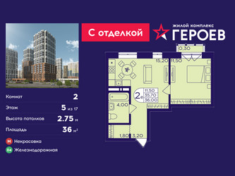 Планировка двухкомнатной(квартира) площадью 36 квадратных метров в ЖК “ЖК Героев”