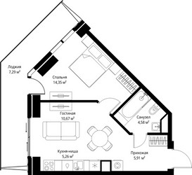 Планировка однокомнатной(квартира) площадью 48.06 квадратных метров в ЖК “ЖК Джойс”