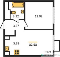 Планировка однокомнатной(квартира) площадью 33.35 квадратных метров в “ЖК Мытищи Парк”