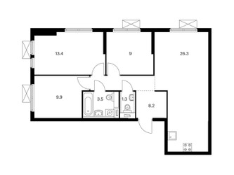 Планировка трехкомнатной(квартира) площадью 71.6 квадратных метров в ЖК “ЖК Второй Нагатинский”