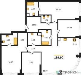 Планировка 4+ комнатной(квартира) площадью 139.9 квадратных метров в ЖК “ЖК River Park Кутузовский (Ривер Парк Тауэрс)”